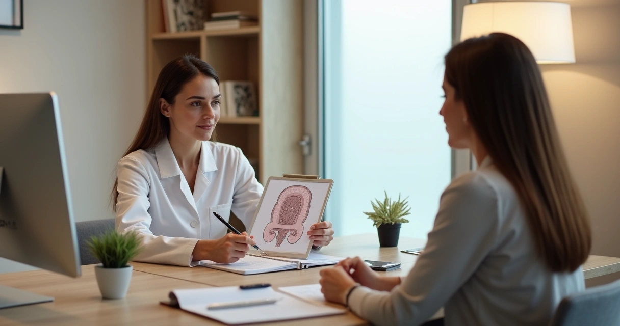 Médica coloproctologista explicando tratamento íntimo a paciente mulher em consultório acolhedor 