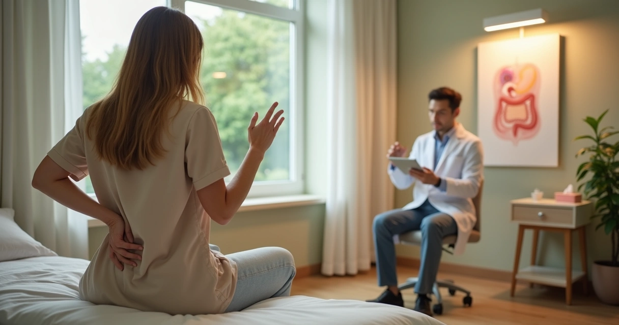 Coloproctologista conversando com paciente de costas apontando discreto para região pélvica em ambiente acolhedor 