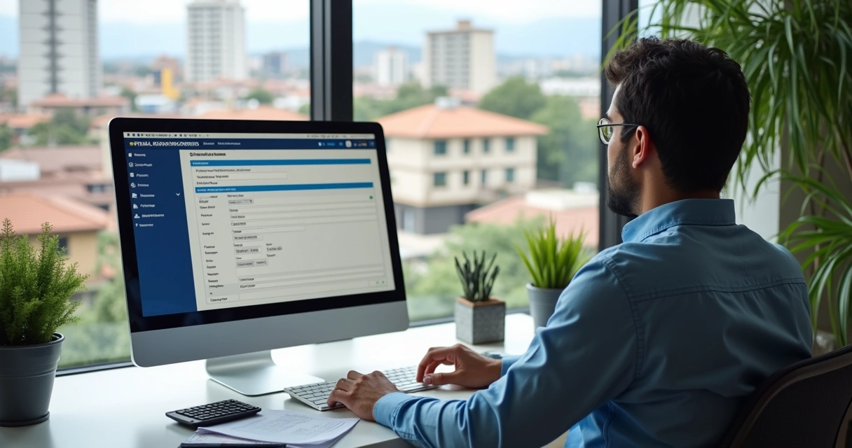 Pessoa consultando IPTU no computador com imóveis residenciais e comerciais ao fundo 