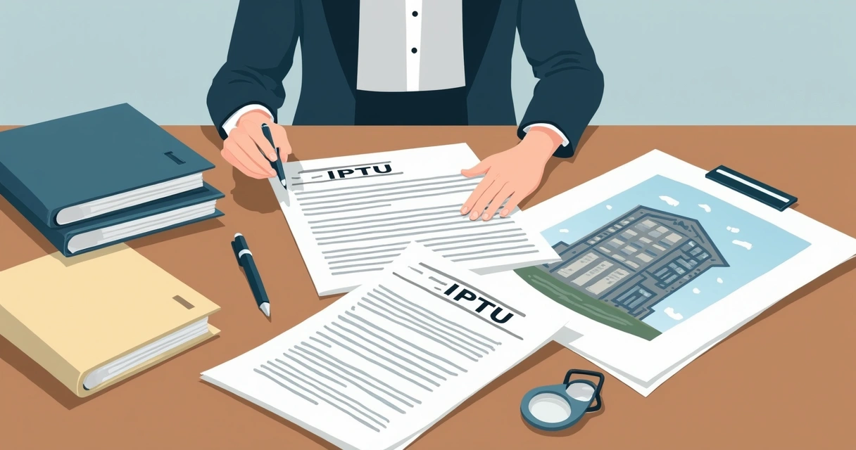 Mulher analisando documentos de IPTU sobre uma mesa, ao lado de uma planta baixa de imóvel. 