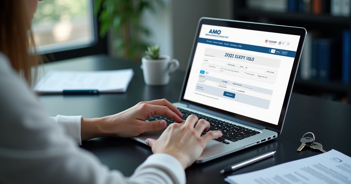 Pessoa consultando IPVA pelo notebook, com tela mostrando relatório veicular e placa de carro 