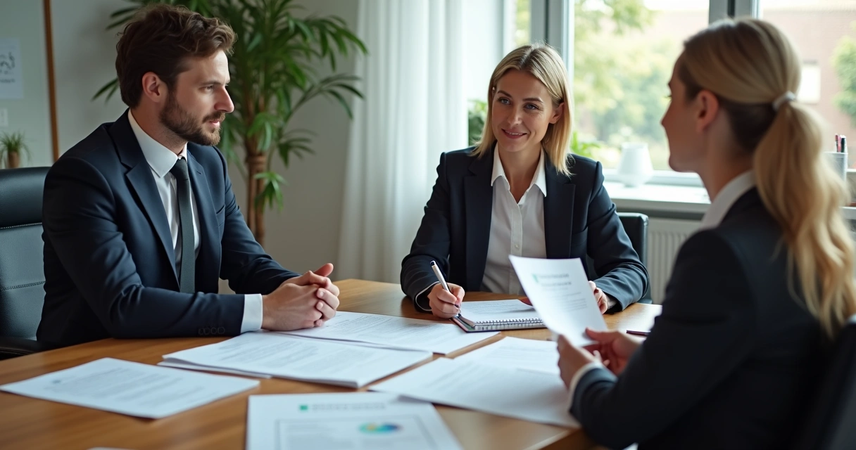 Advogado especializado analisando documentos de plano de saúde com paciente em escritório. 