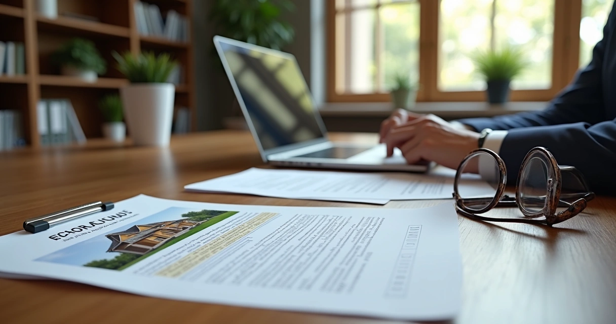 Pessoa analisando documentos jurídicos de leilão imobiliário com laptop e caneta sobre mesa organizada 