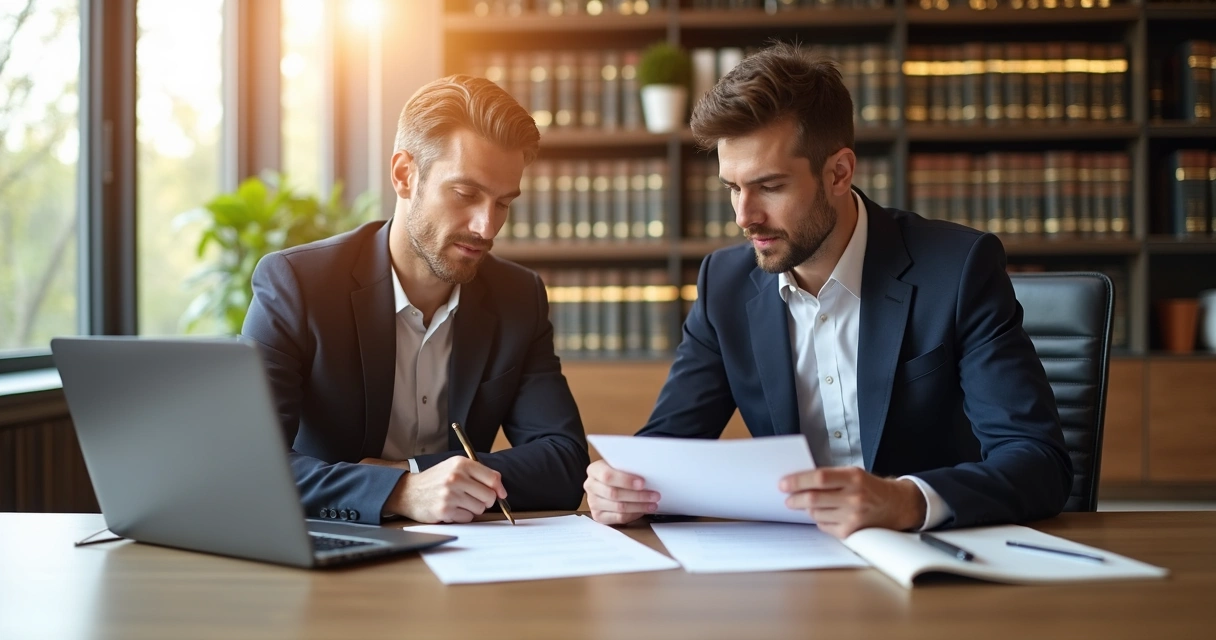 Advogado e empresário analisando documentos juntos. 