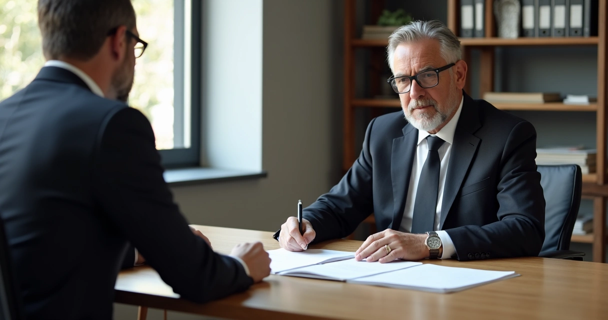 Advogado analisa documentos ao lado de cliente. 