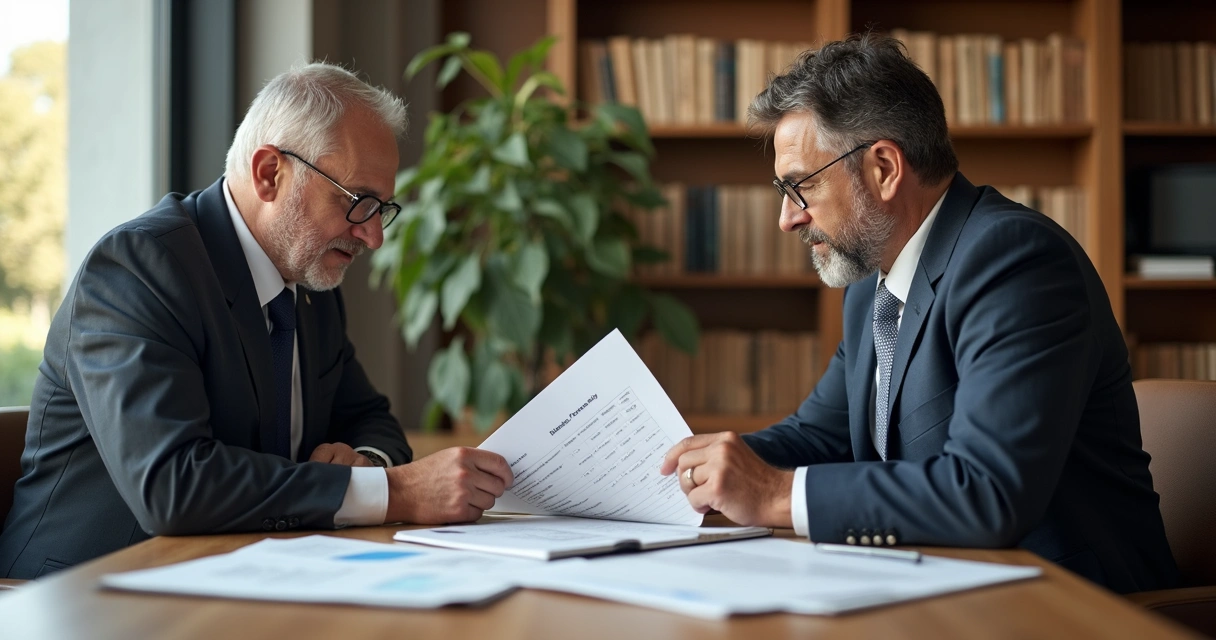 Advogado conferindo documentos de aposentadoria com cliente em ambiente de escritório moderno