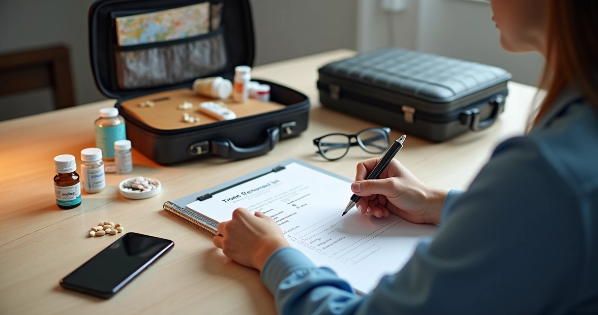 Pessoa organizando lista de medicamentos para viagem 