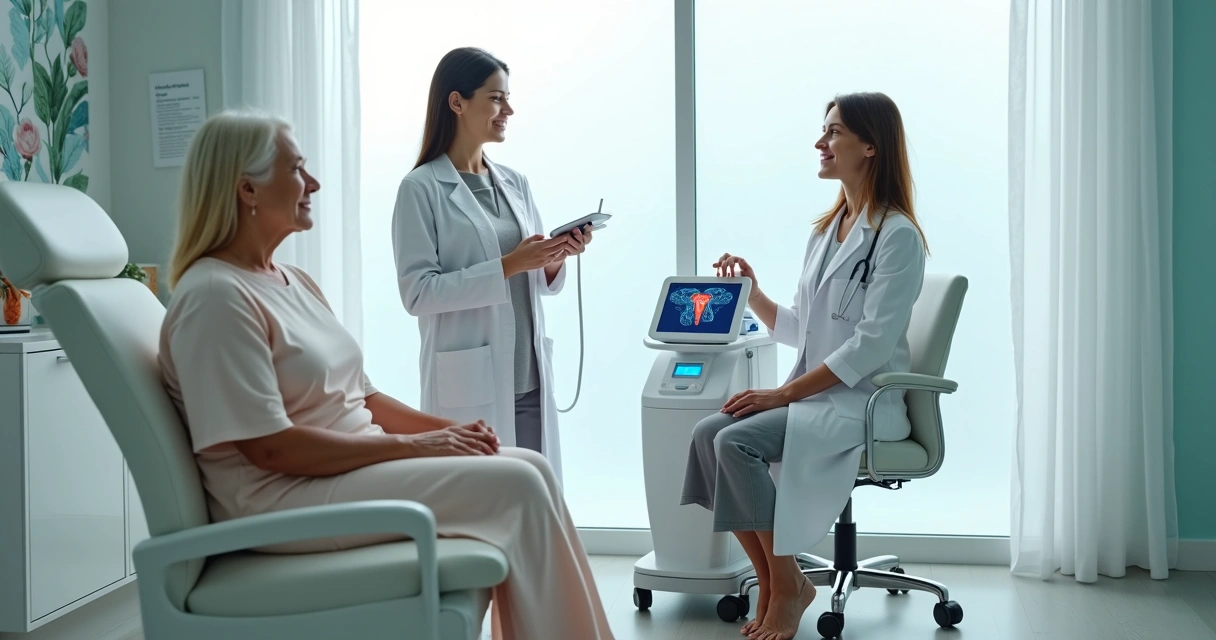 Ginecologista explicando tratamento a paciente com equipamento de laser em consultório moderno 