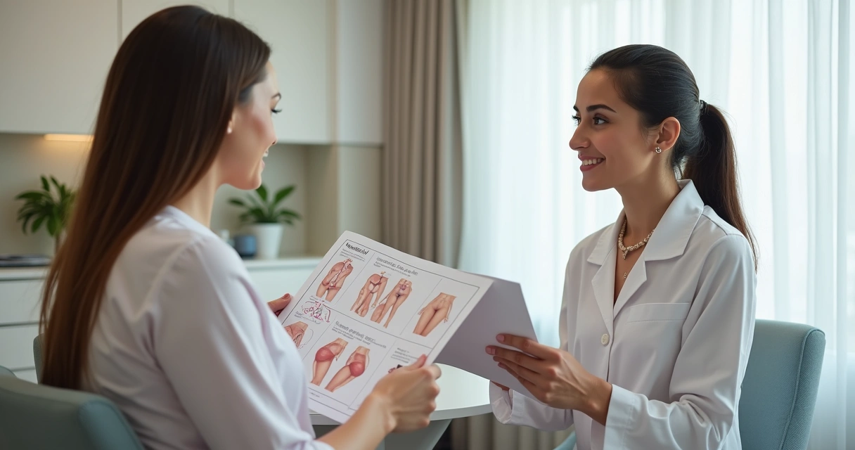 Consulta dermatológica feminina discutindo opções de laser íntimo 
