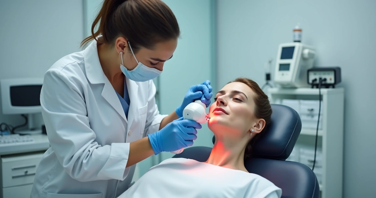 Aplicação de laserterapia em paciente sentado por especialista 