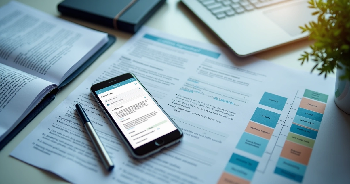 Consulta de lei municipal em smartphone na mesa de trabalho