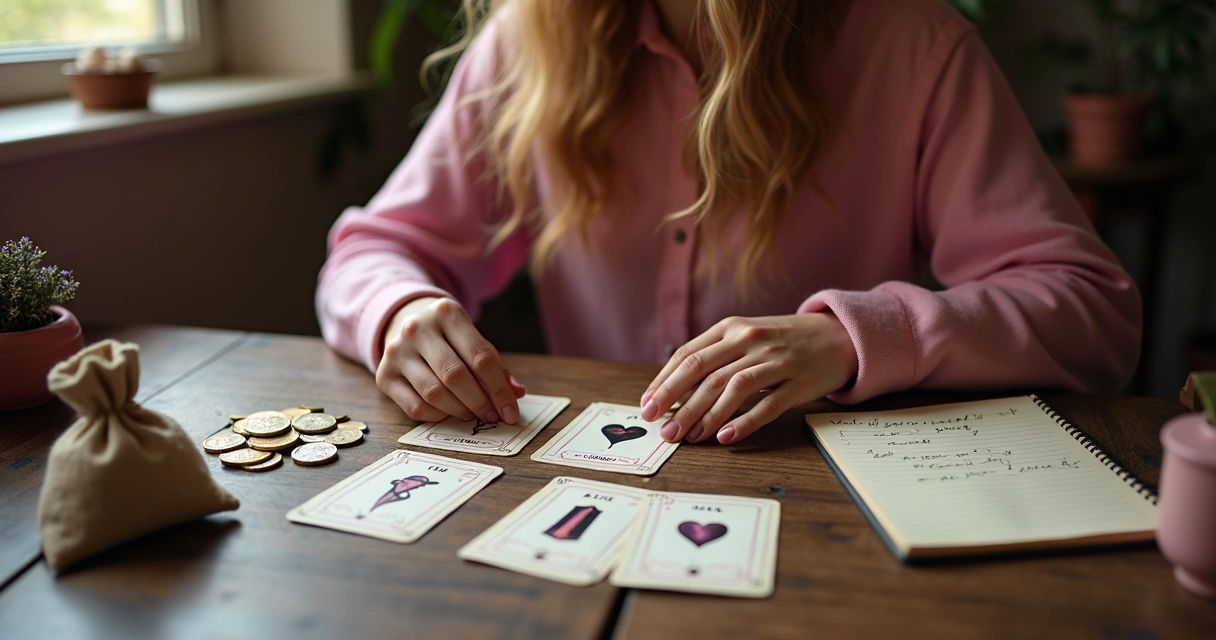 Mulher analisando cartas de Lenormand sobre amor e finanças 
