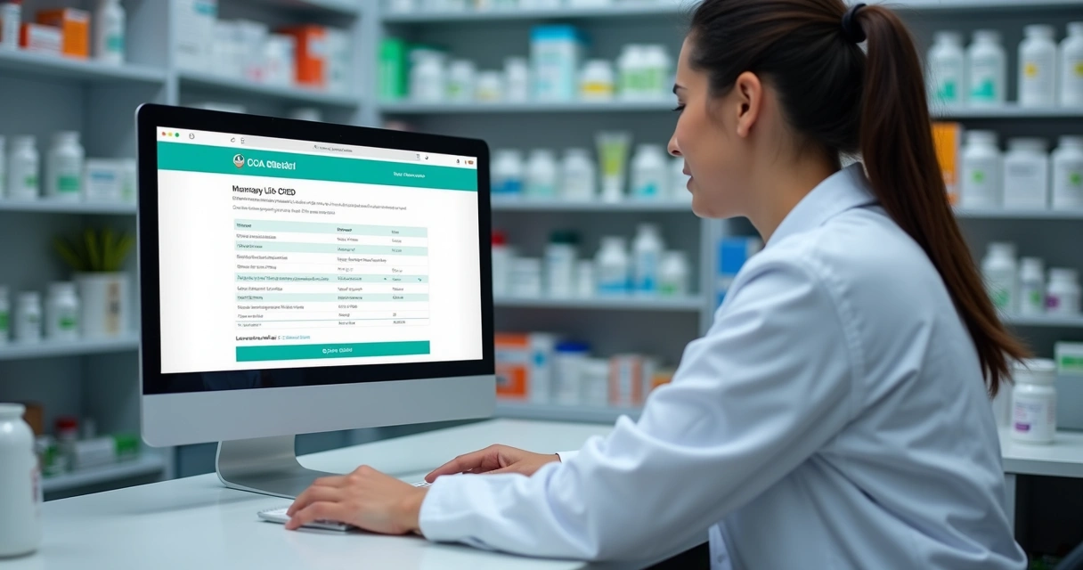 Farmacêutico olhando computador com tela de consulta da Lista CMED 