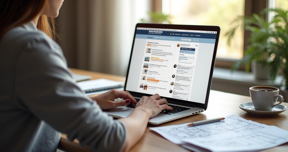 Pessoa analisando comentários sobre construtora em portal de reclamações na tela do notebook 
