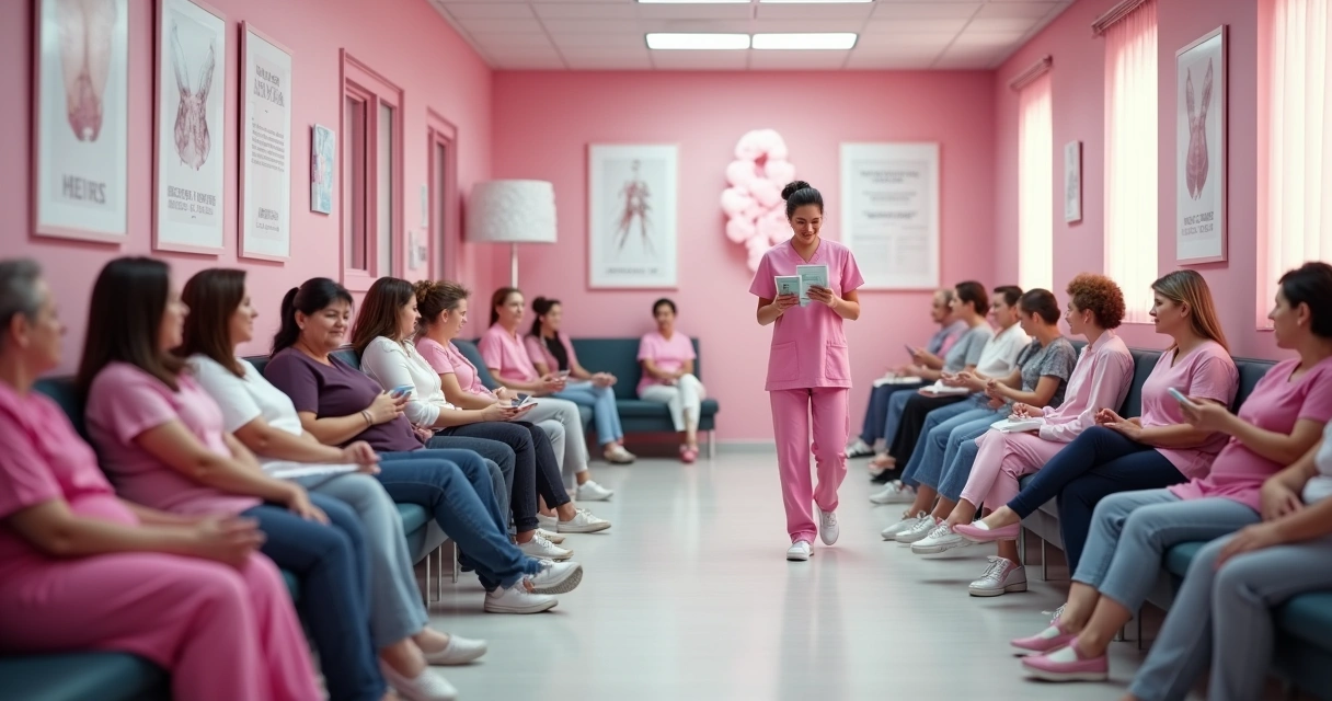 Sala de espera de clínica com mulheres aguardando exame de mamografia