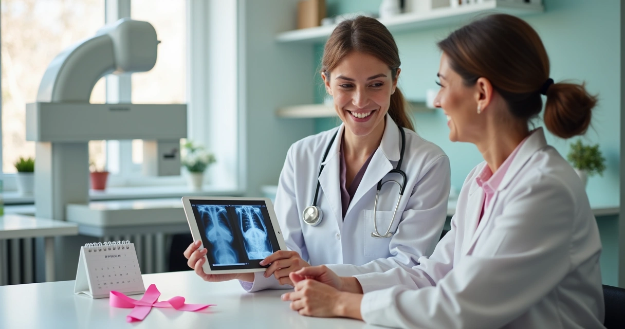 Médica e paciente conversam sobre mamografia 