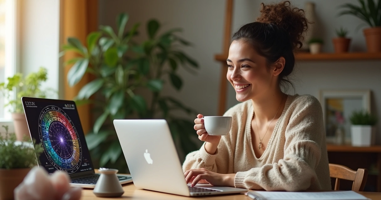 Mulher sorrindo com notebook aberto mostrando mapa astrológico colorido 