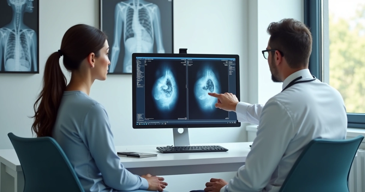 Mulher em consulta médica com mastologista enquanto revisam exame de mamografia em tela de computador 