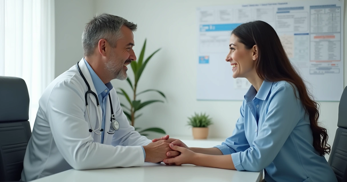 Pessoa em consulta médica com parceiro ao lado sendo apoiado 