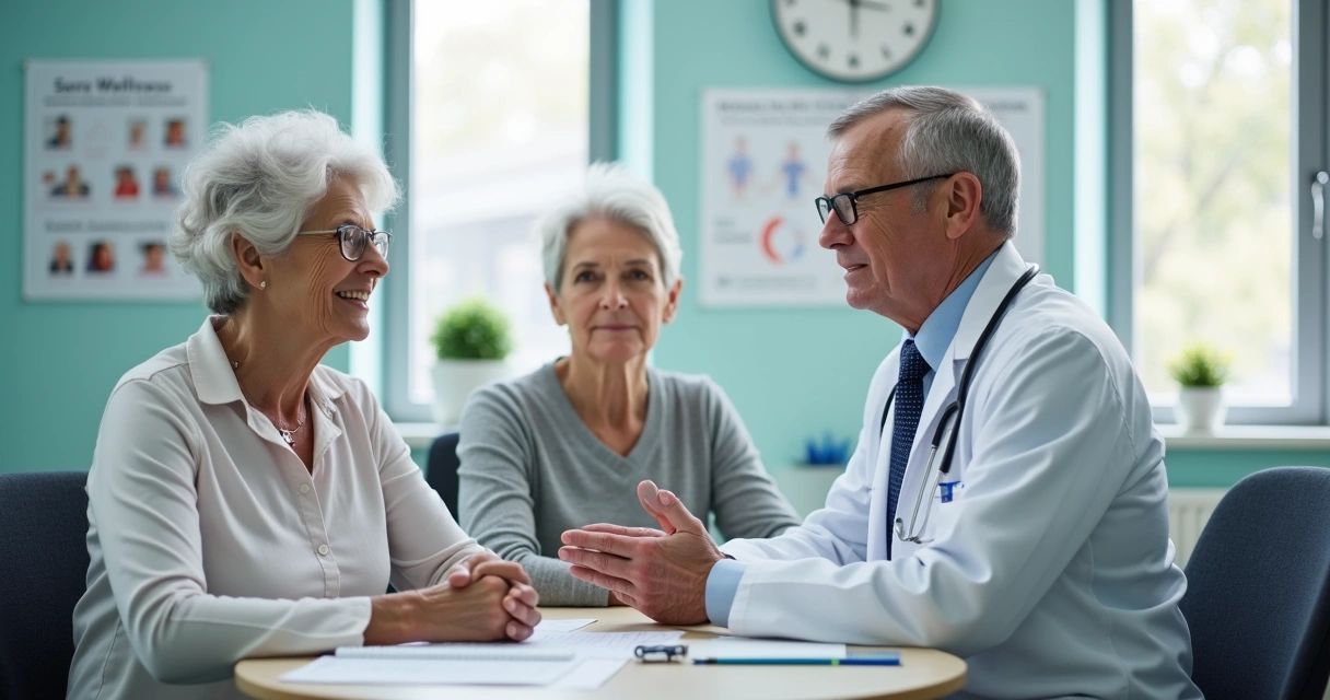 Consulta médica com idosos sendo acompanhados 