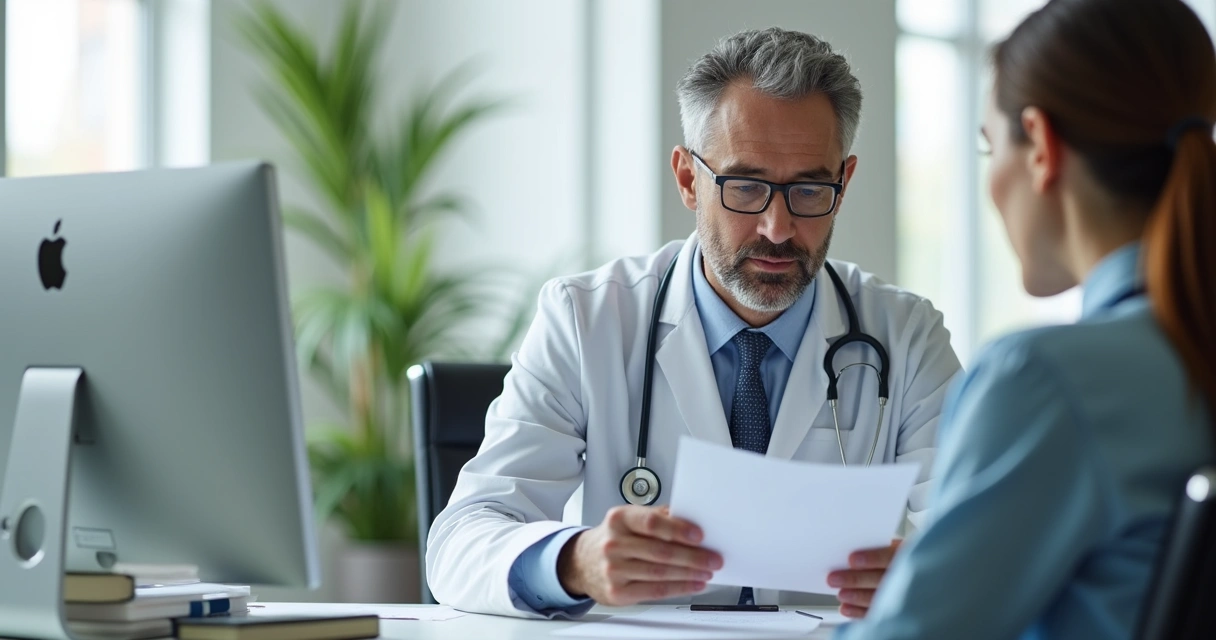 Médico lendo contrato com advogado ao lado 