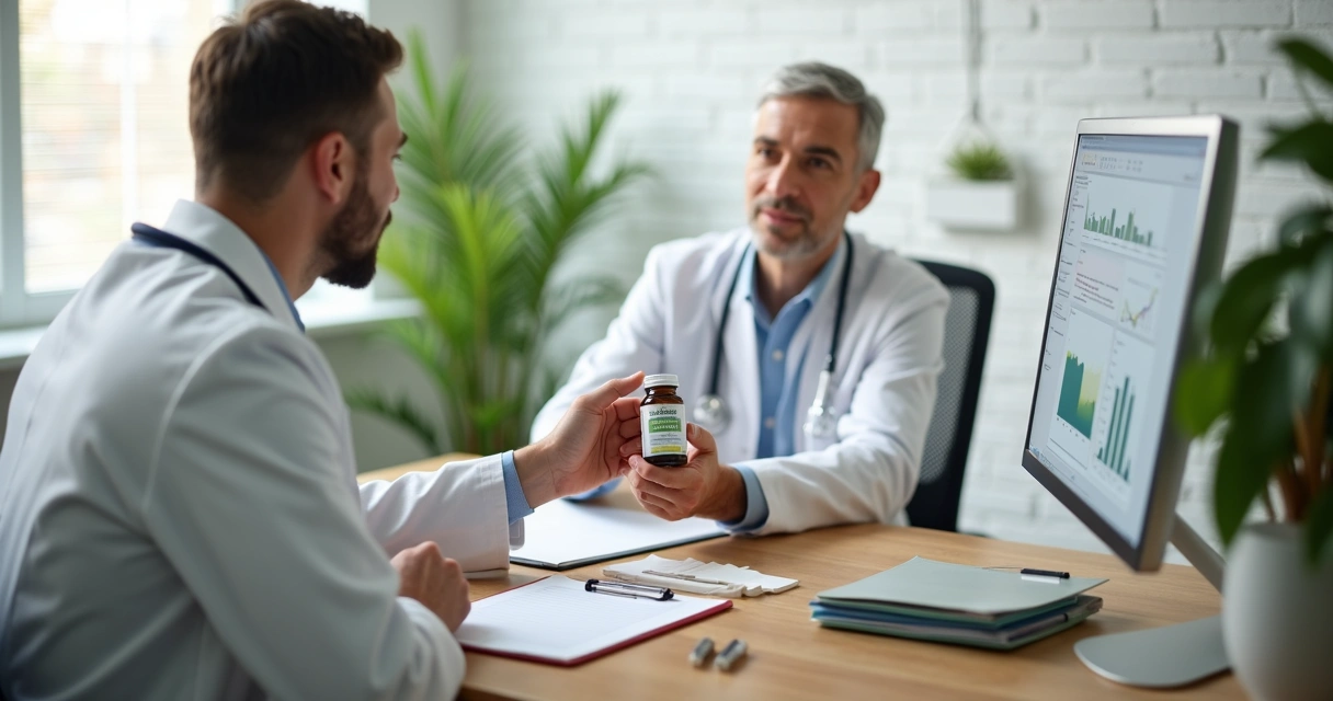 Pessoa em consulta médica levando frasco de cápsulas de moringa ao médico