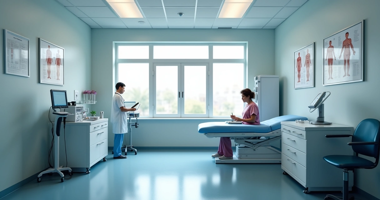 Consulta médica em ambulatório com paciente em maca 