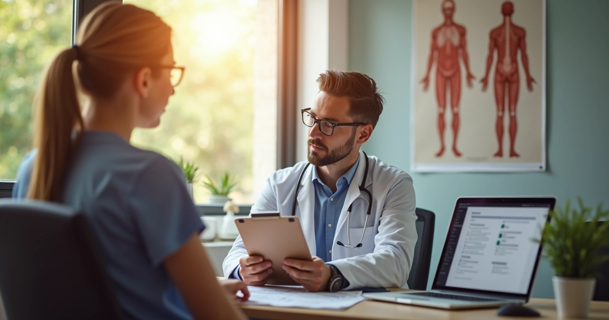 Médico ouvindo paciente em consultório 