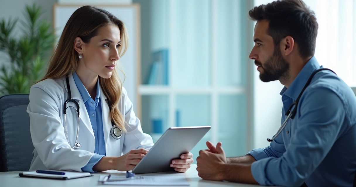 Médico e paciente conversando em consultório, ambos atentos ao prontuário digital 