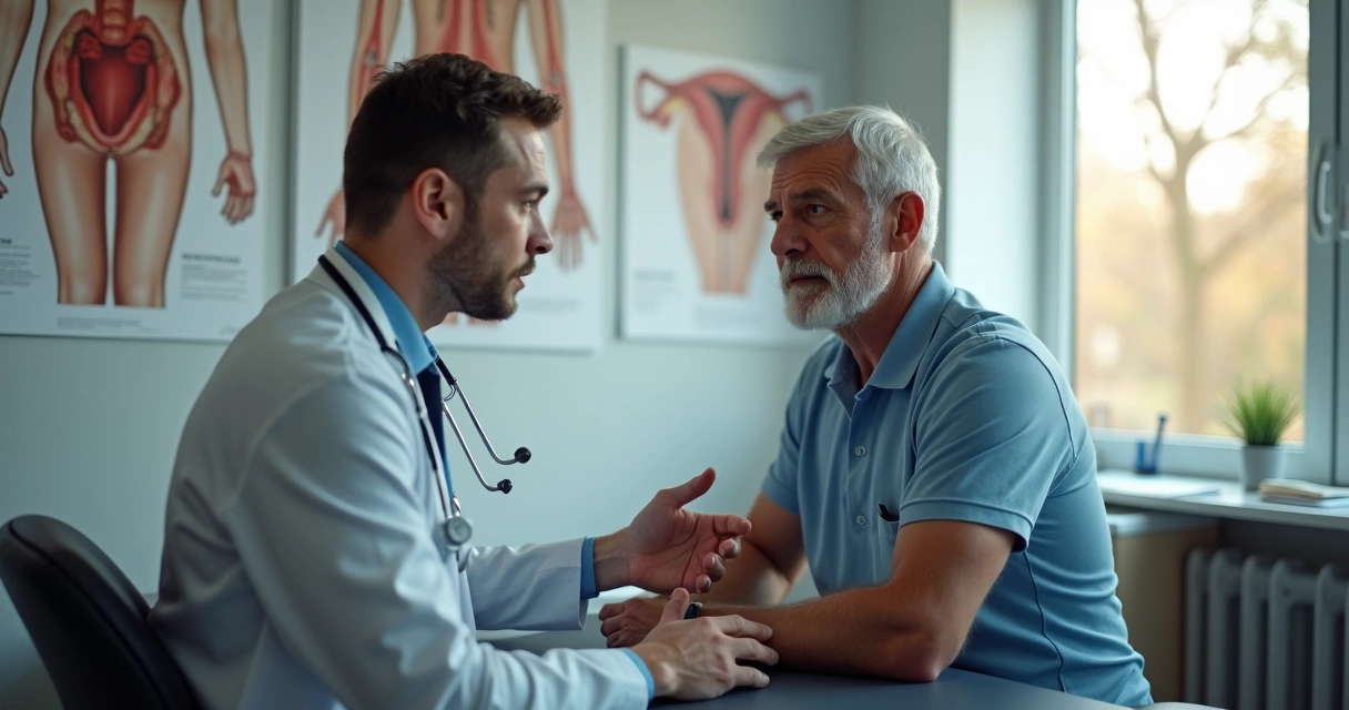 Médico examinando paciente do sexo masculino durante consulta andrológica