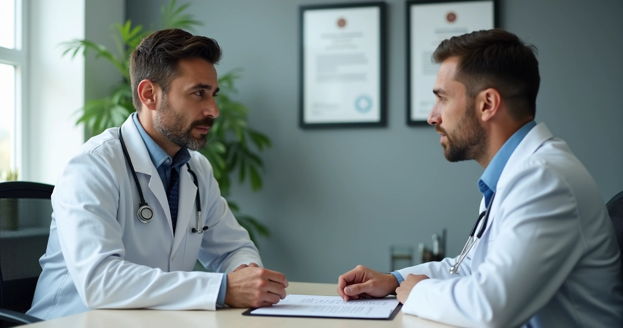 Paciente em consulta com médico andrologista, conversando em clínica moderna.