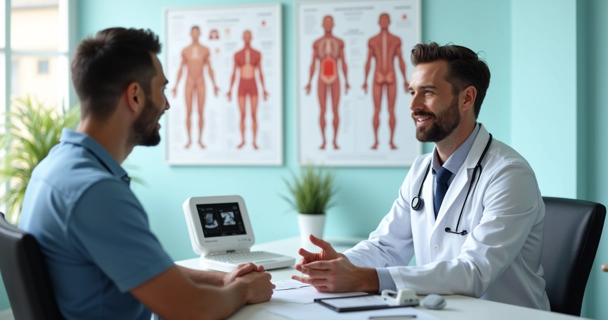 Médico consultando paciente sobre saúde sexual masculina na clínica