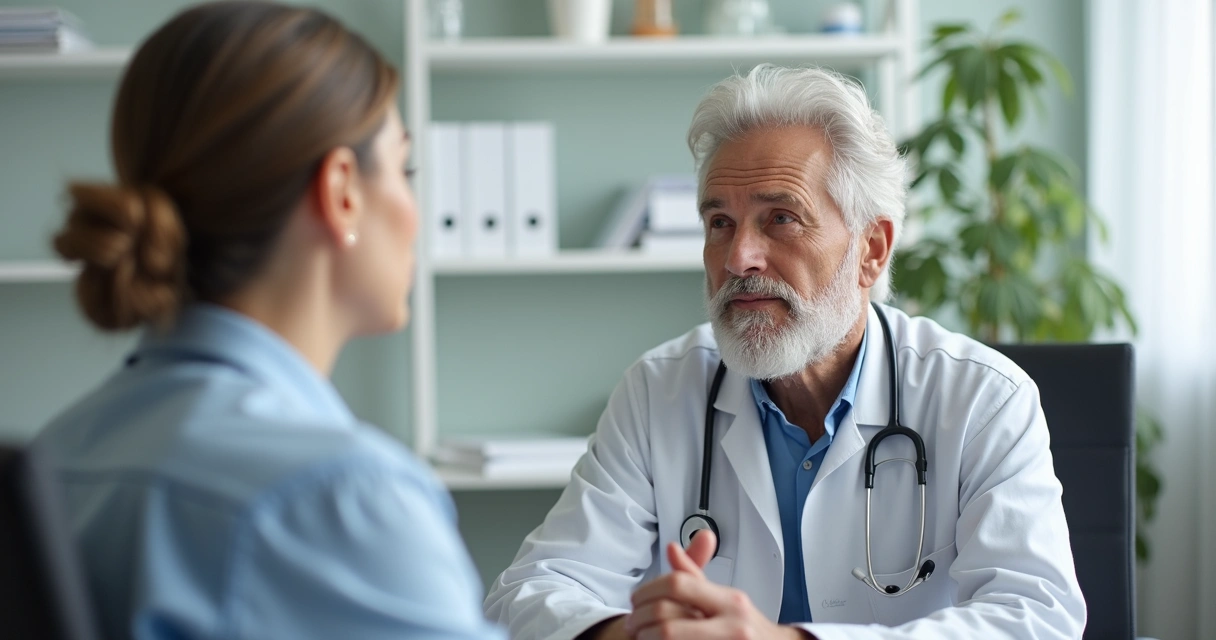 Médico conversando com paciente em consultório