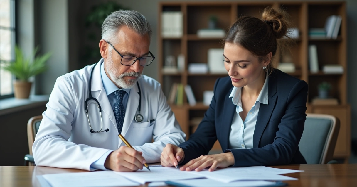 Médico assinando prontuário ao lado de advogada durante consulta 