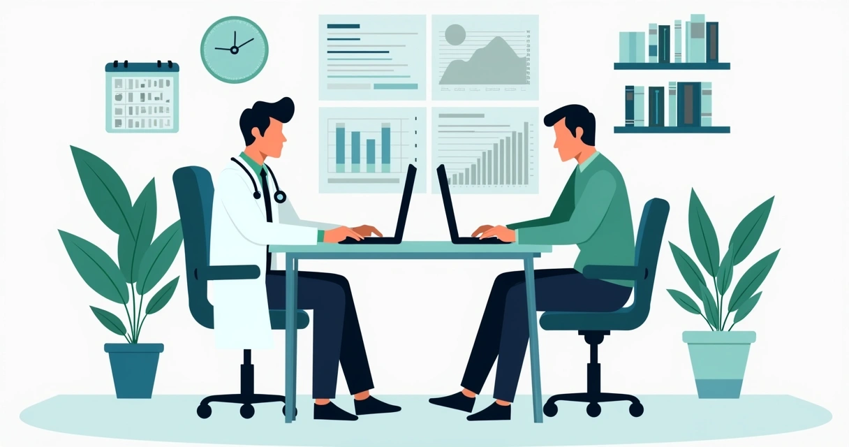 Médico atendendo paciente em consultório moderno, ambos olhando para tela com gráficos financeiros 