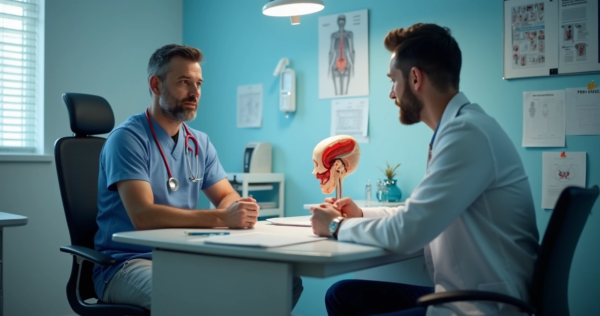 Homem sentado falando com médico especialista 