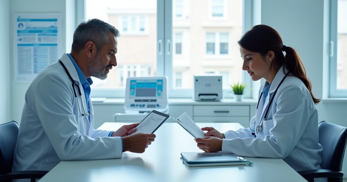 Médico e paciente analisando juntos exames de sangue