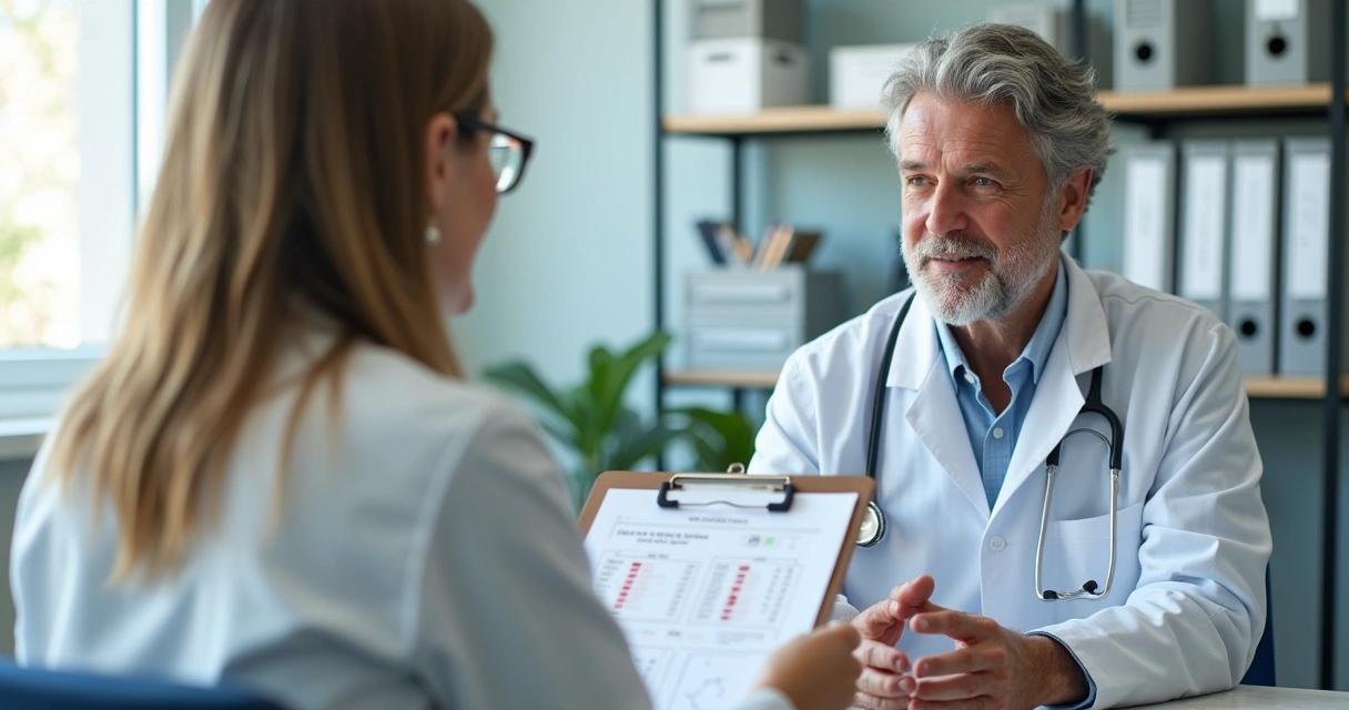 Pessoa sendo atendida por médico, analisando exames em uma prancheta 