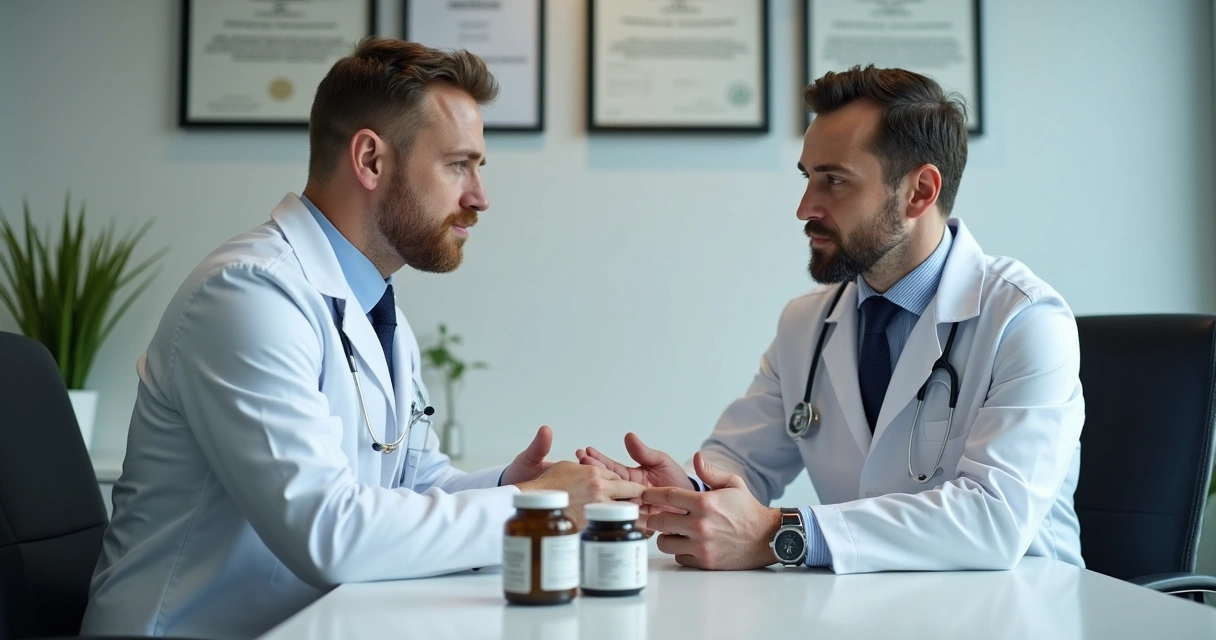Médico analisando suplementos e orientando paciente em consultório 