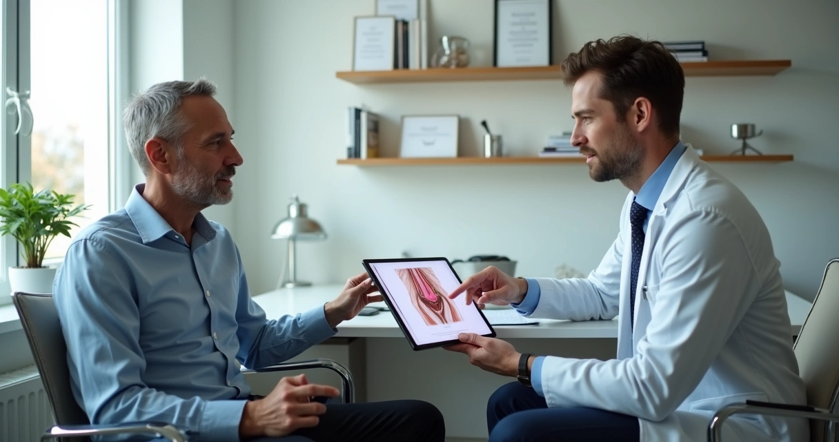 Consulta médica em consultório com homem sendo avaliado para bioplastia peniana