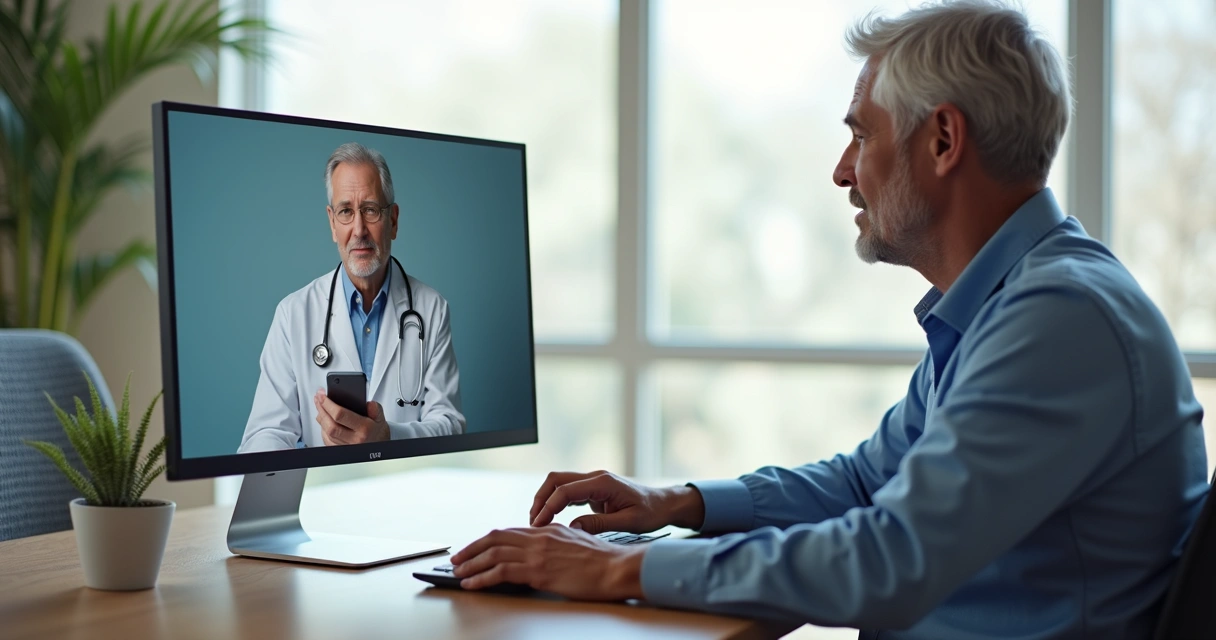 Médico e paciente conversando em consulta online sobre uso do canabidiol 