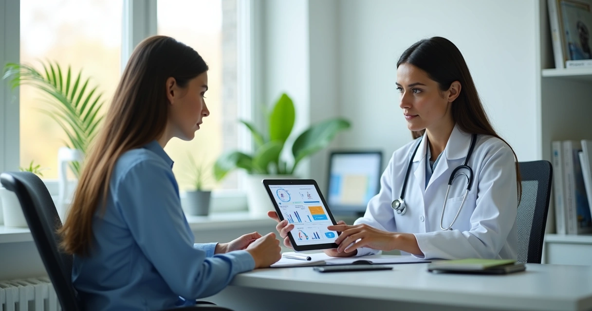 Paciente sentado conversando com médico em consultório moderno durante check-up de saúde 