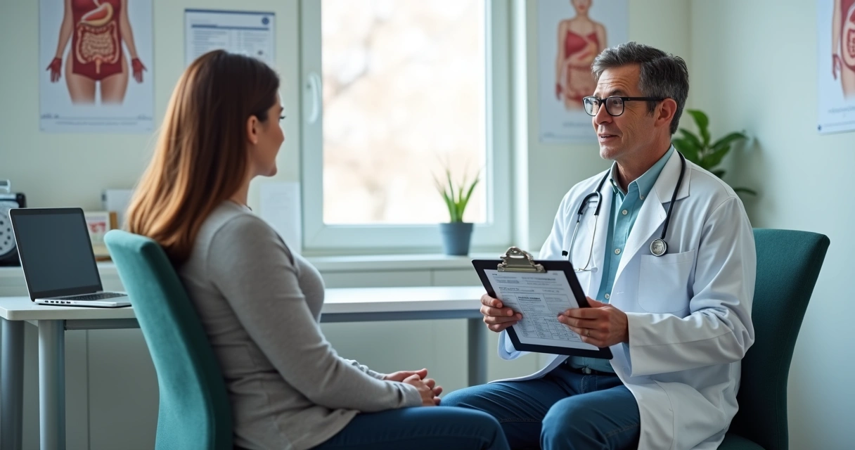 Paciente sentado com médico segurando uma prancheta em consulta sobre cirurgia bariátrica 