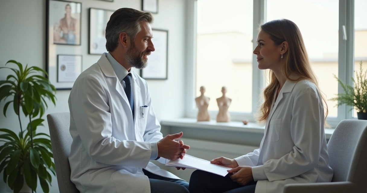 Médico cirurgião plástico conversando com paciente em consultório elegante 