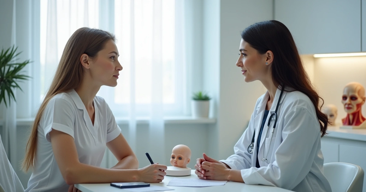 Consulta médica entre paciente e cirurgiã plástica em ambiente moderno 