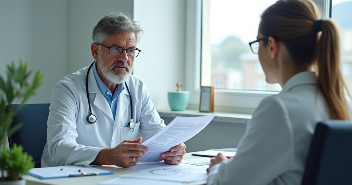 Paciente sentado em consulta médica com profissional de jaleco revisando exames