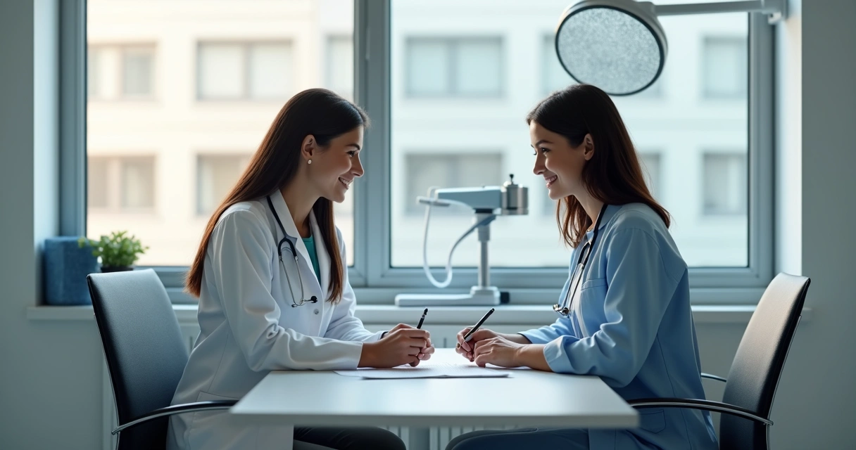 Médica analisando exames com paciente em consultório moderno 