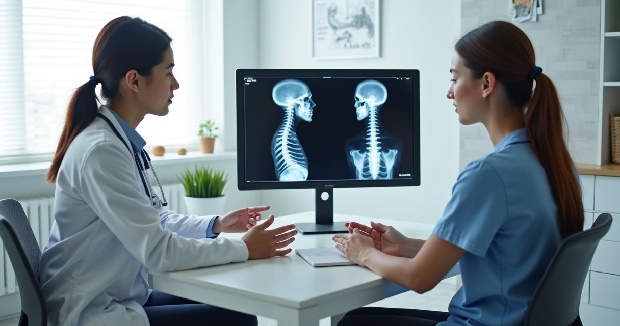 Médico mostrando imagem da coluna para paciente em consulta 