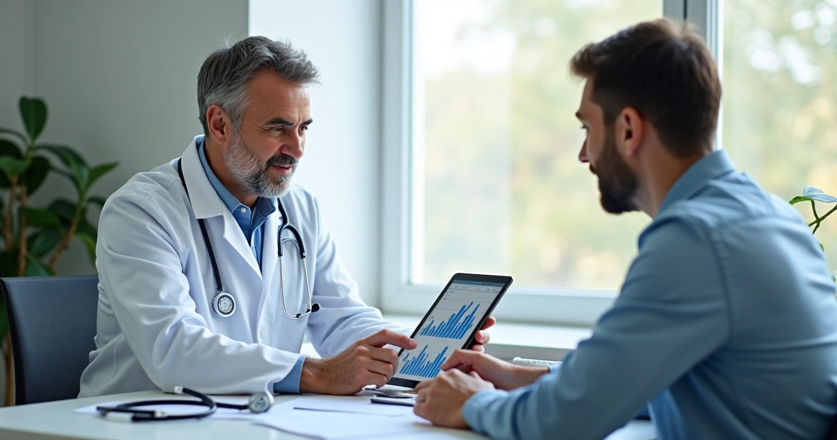 Médico explicando resultado de exame para paciente com gráficos em tablet