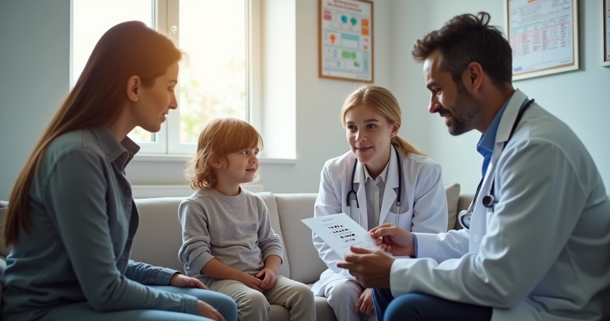 Criança em consulta médica com pais e médico apontando exame 